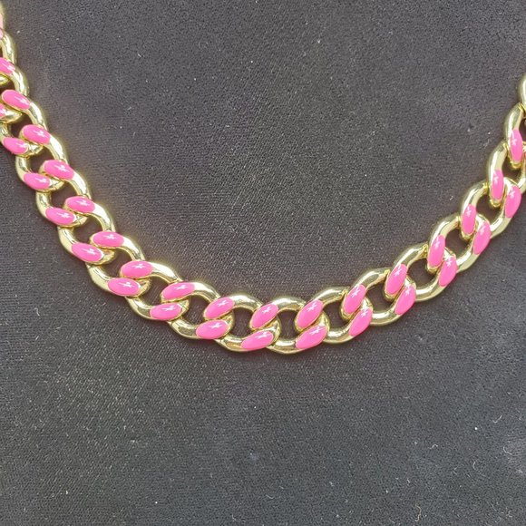 Bijou Drive Gold Link Pink Enamel Accents Chain Statement Necklace, 18" - Picture 2 of 6